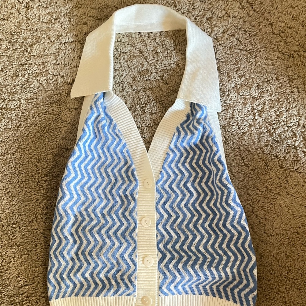 NWT Collared Blue and White Halter Sweater Top